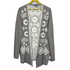 Natural Reflection Embroidered Open Front Cardigan Size L Gray Aztec Boho Beach